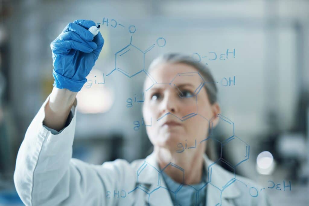 Research, science and writing with woman in laboratory for medical, analysis and planning. Pharmacy